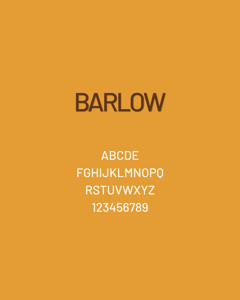 Spécimen de la typographie Barlow, brun et crème sur fond orange