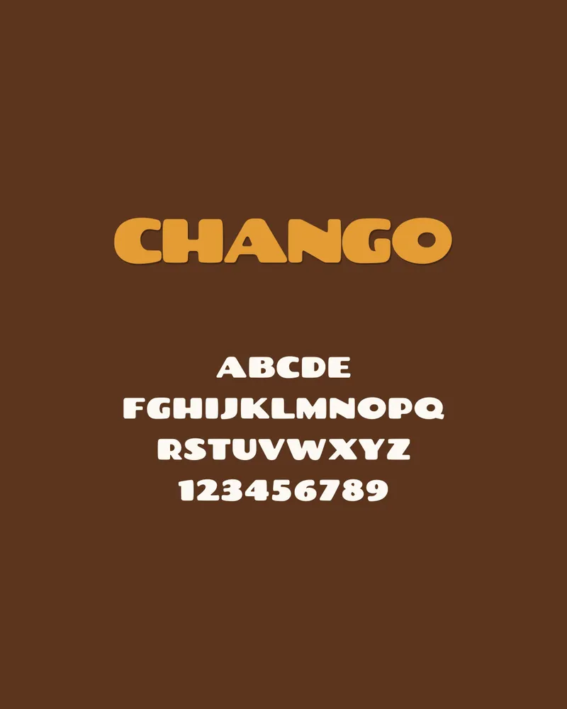 Spécimen de la typographie Chango, crème et orange sur fond brun