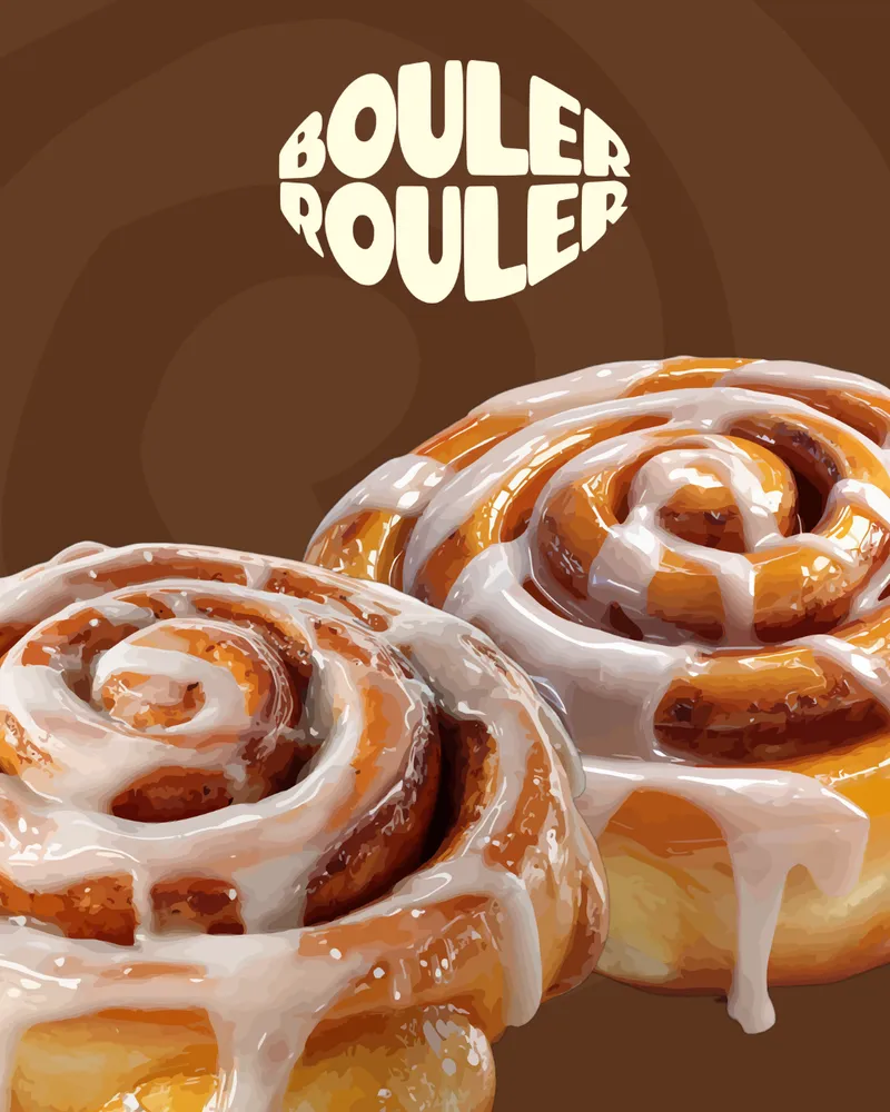 Affiche Bouler Rouler : le logo ovale crème sur fond brun, avec deux cinnamon rolls glacés