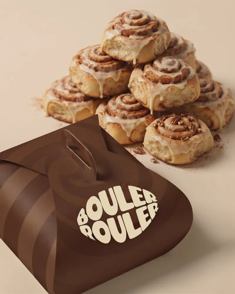 Pile de cinnamon rolls glacés derrière un sac brun portant le logo Bouler Rouler