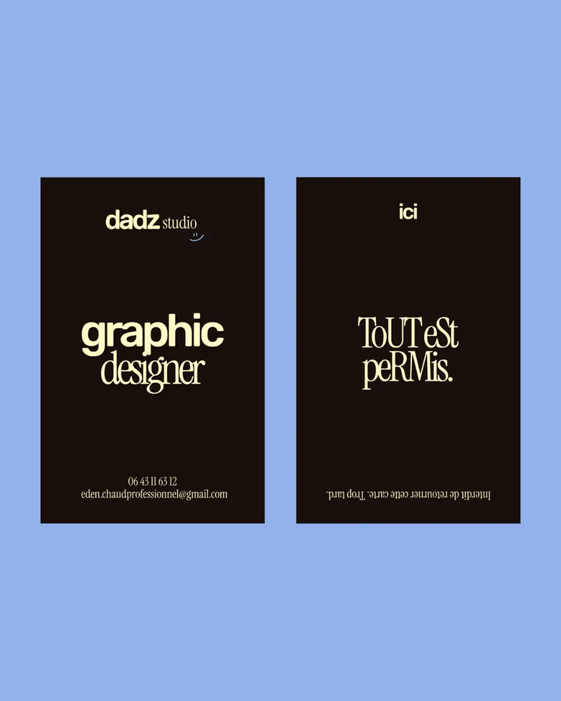 Recto et verso de la carte de visite dadz studio sur fond bleu : « graphic designer » d’un côté, « Tout est permis » de l’autre