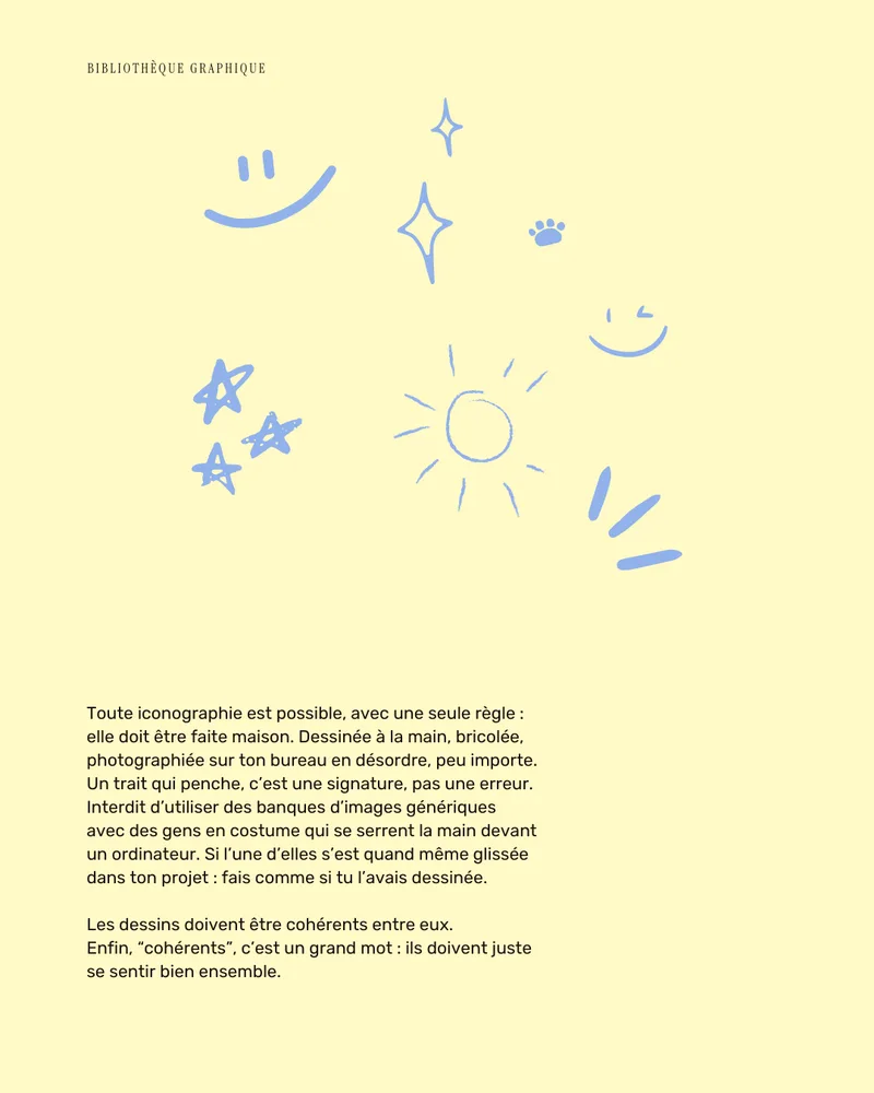 Bibliothèque graphique de dessins bleus faits à la main : sourires, étoiles, soleil, patte