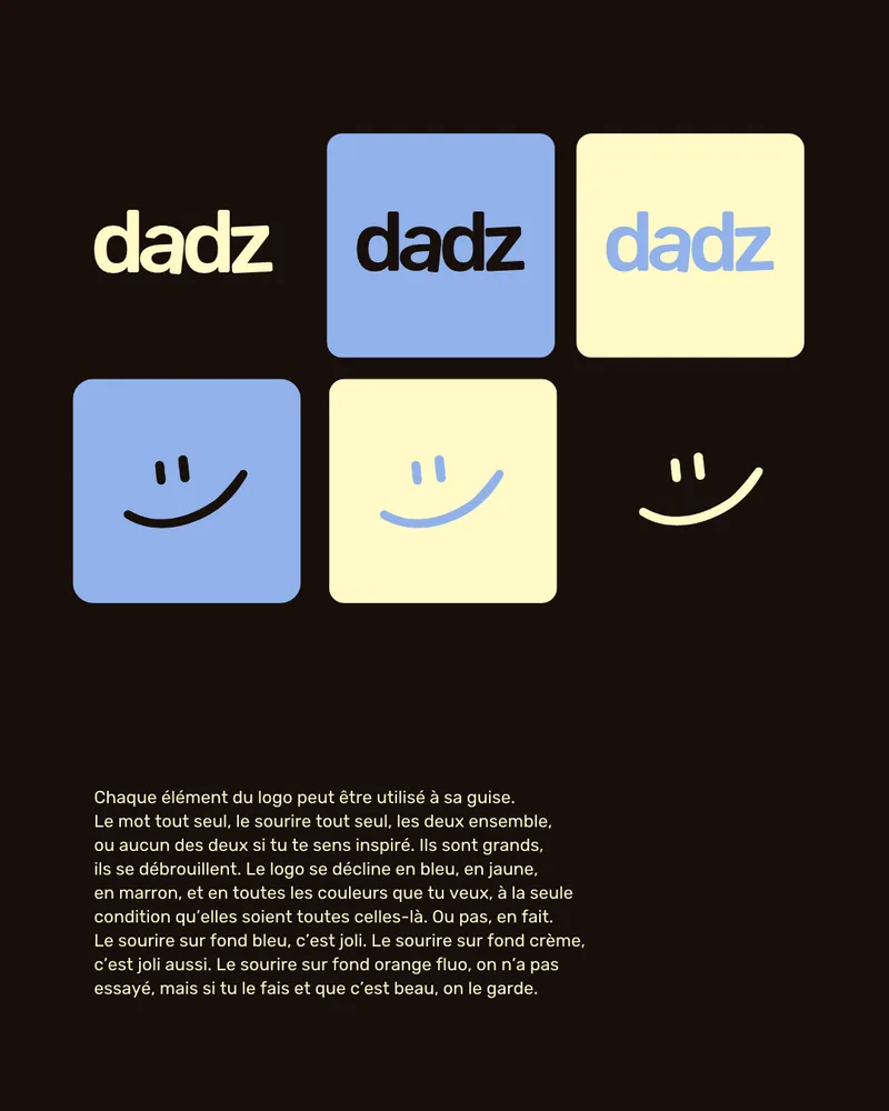 Le logo dadz studio avec son petit sourire bleu, sur fond brun, crème et bleu