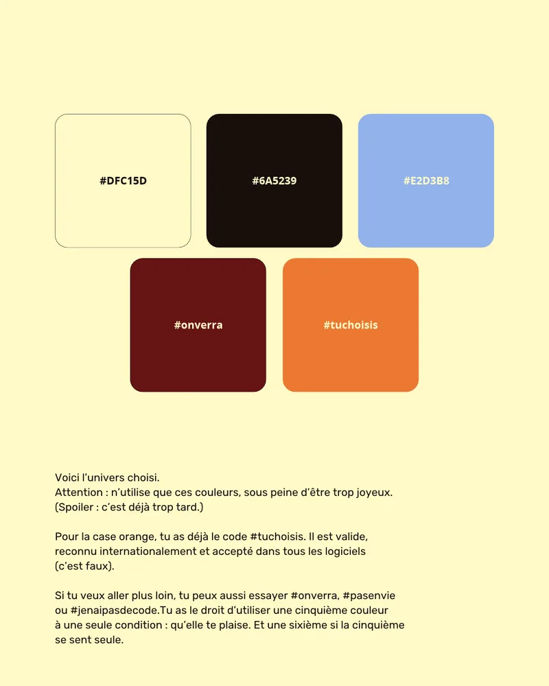 La palette de couleurs : crème, brun très foncé, bleu pâle, bordeaux et orange