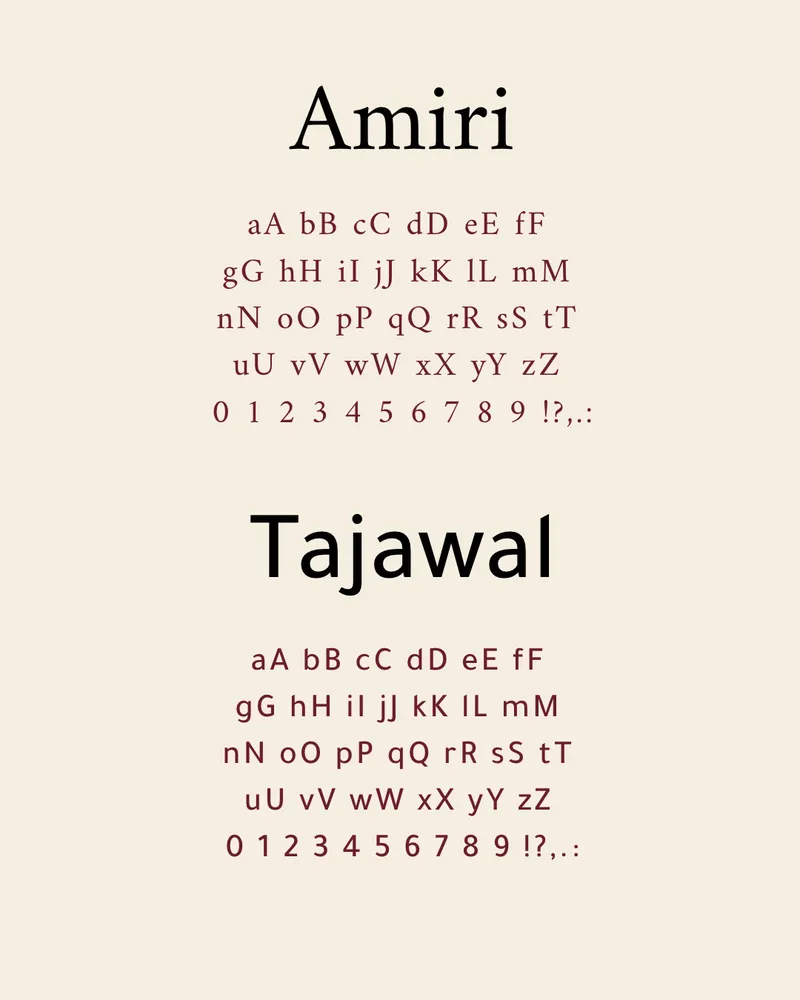 Spécimens des typographies Amiri et Tajawal en bordeaux sur fond crème