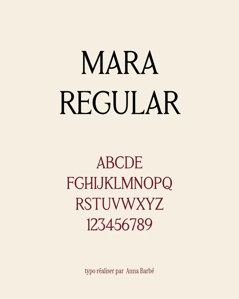 Spécimen de la typographie Mara Regular, noire et bordeaux sur fond crème