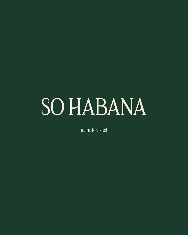 So Habana en lettres crème sur fond vert foncé, avec la mention identité visuelle