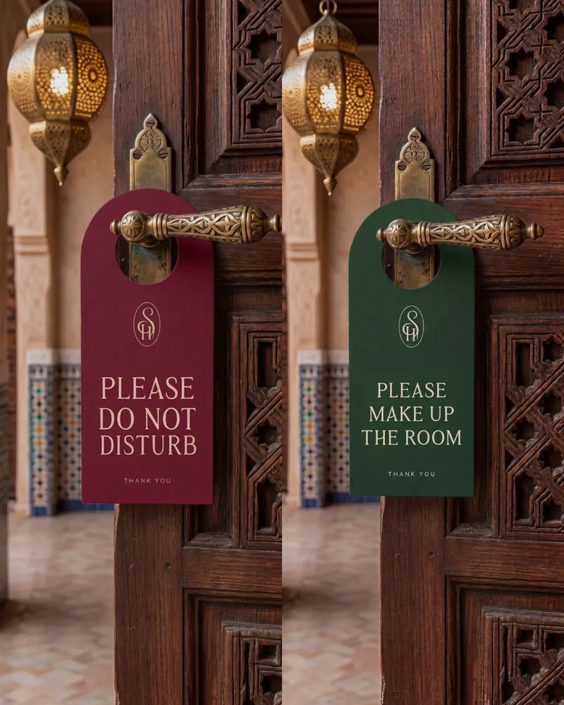 Deux accroche-portes, bordeaux « Please do not disturb » et vert « Please make up the room », sur une porte en bois sculpté