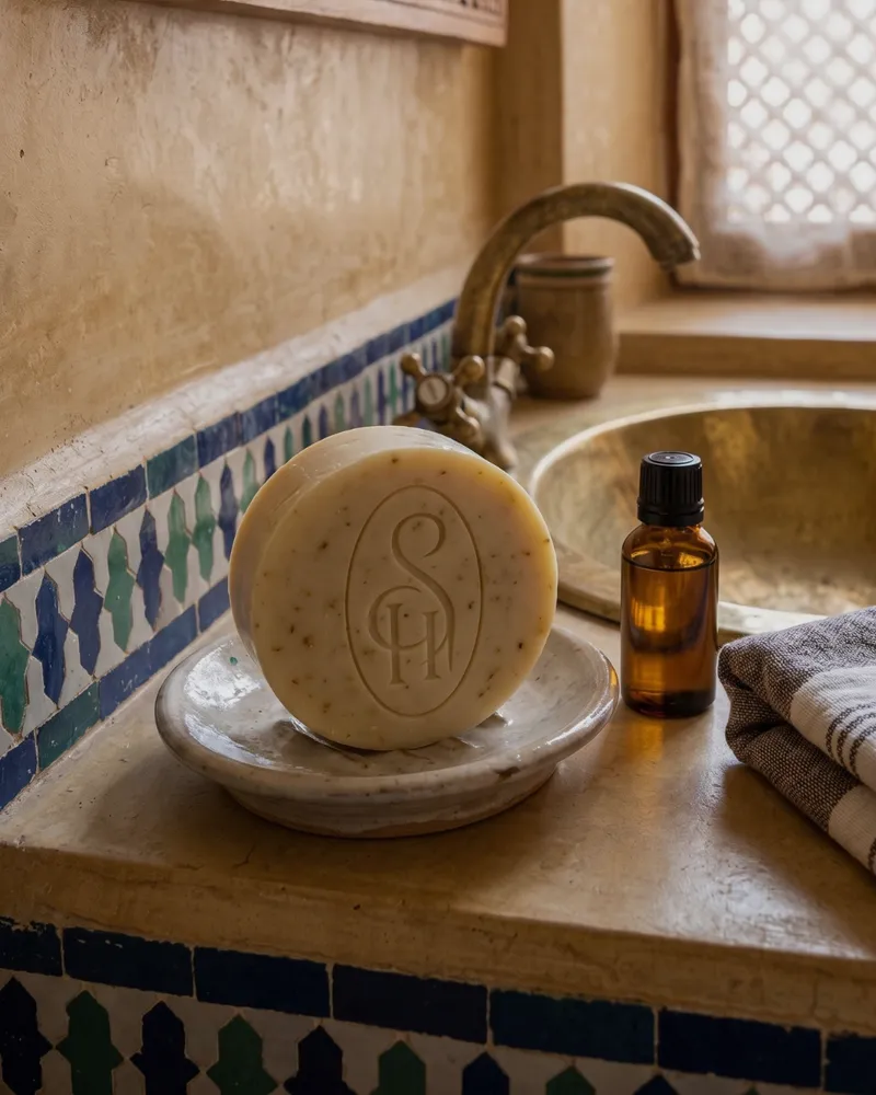 Un savon rond au monogramme sur une coupelle, à côté d’un flacon ambré, dans une salle de bain en tadelakt